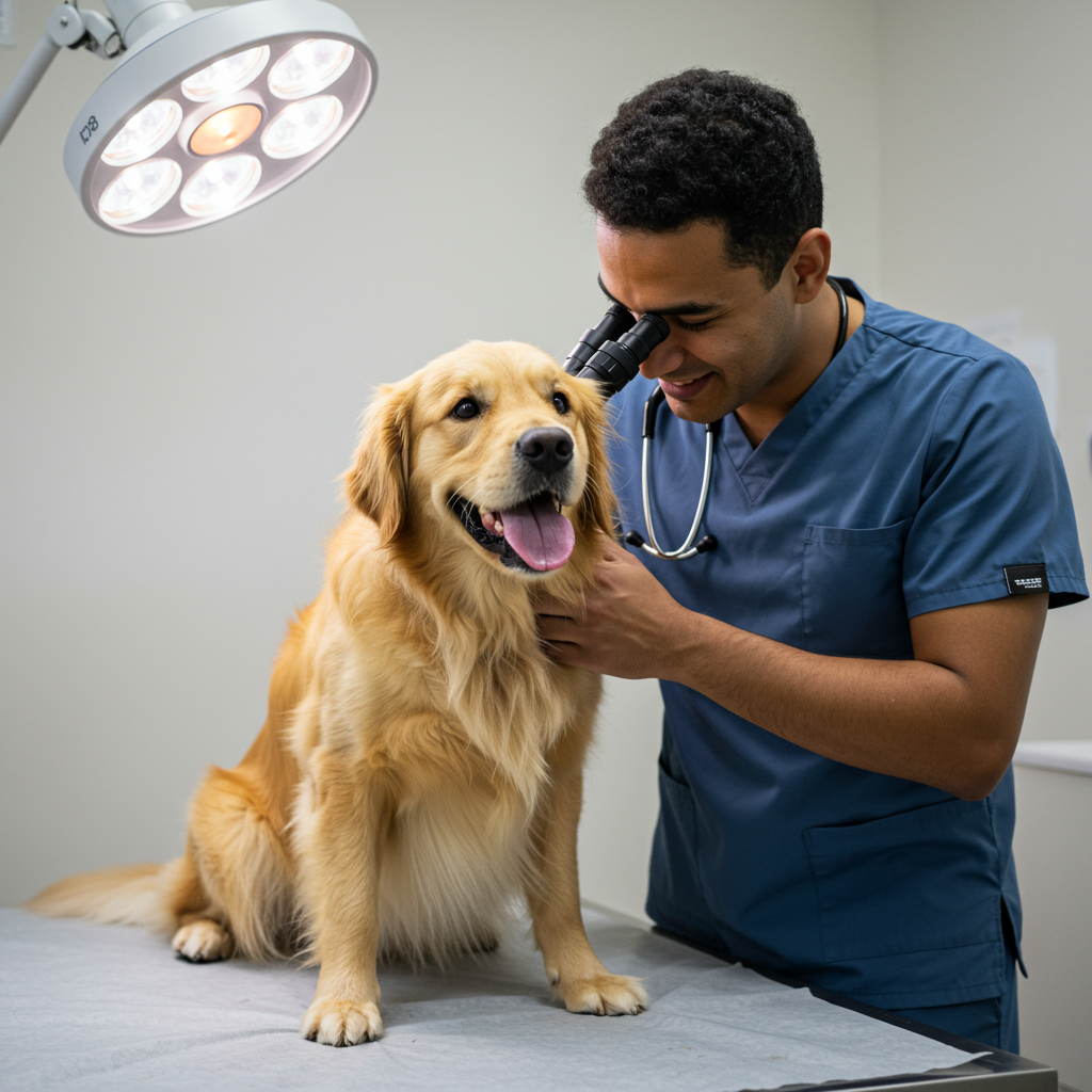 Veterinario revisando a un perro feliz